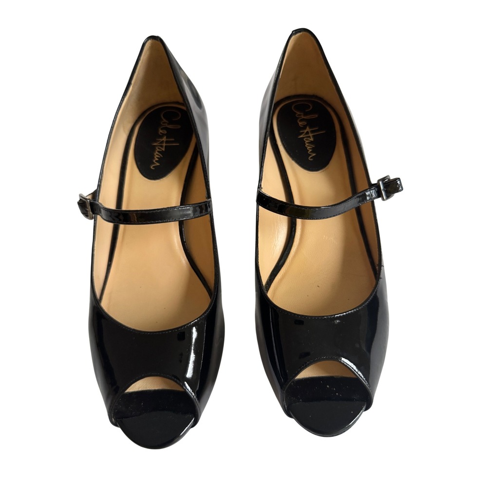Cole Haan Heels Womens 7B Black Patent Mary Jane Nike Air Peep Toe Block‎ Pump